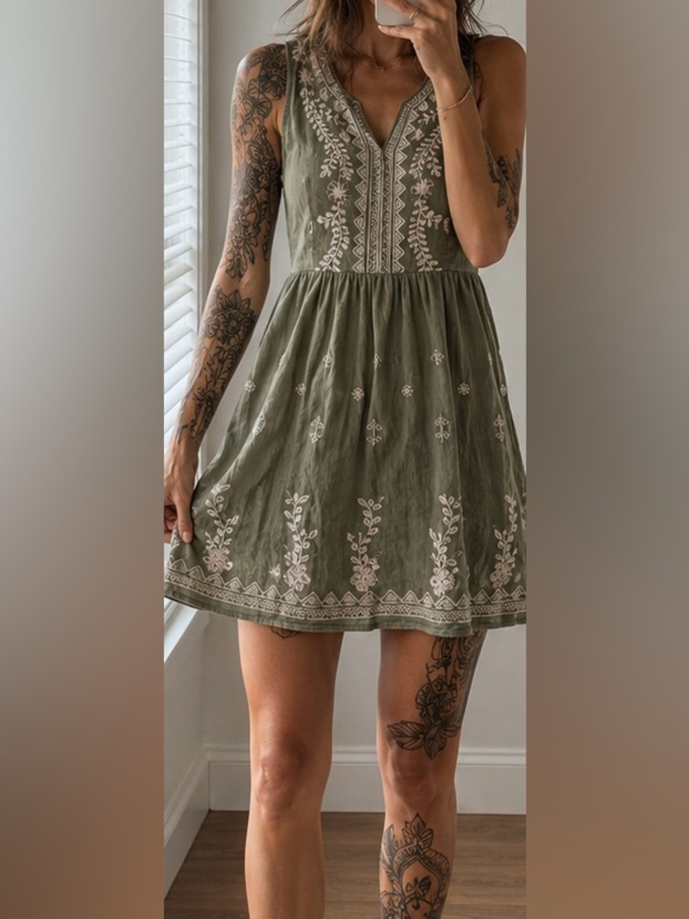Bohemian Olive Green Embroidered mini dress